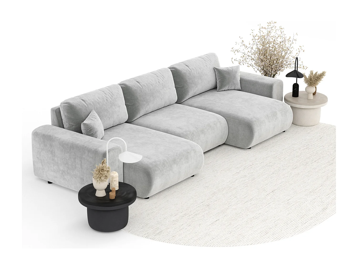 Canapé d'angle panoramique en tissu velours Zanzibar - 6 places - gris clair