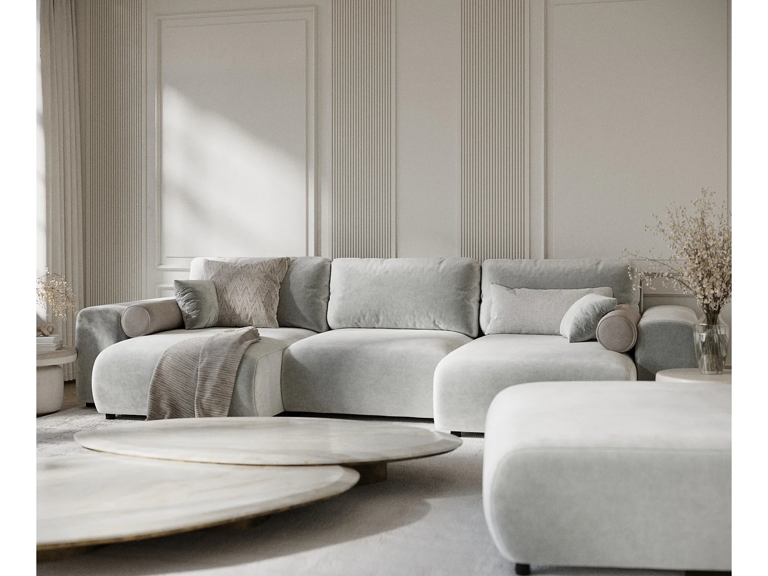 Canapé d'angle panoramique en tissu velours Zanzibar - 6 places - gris clair