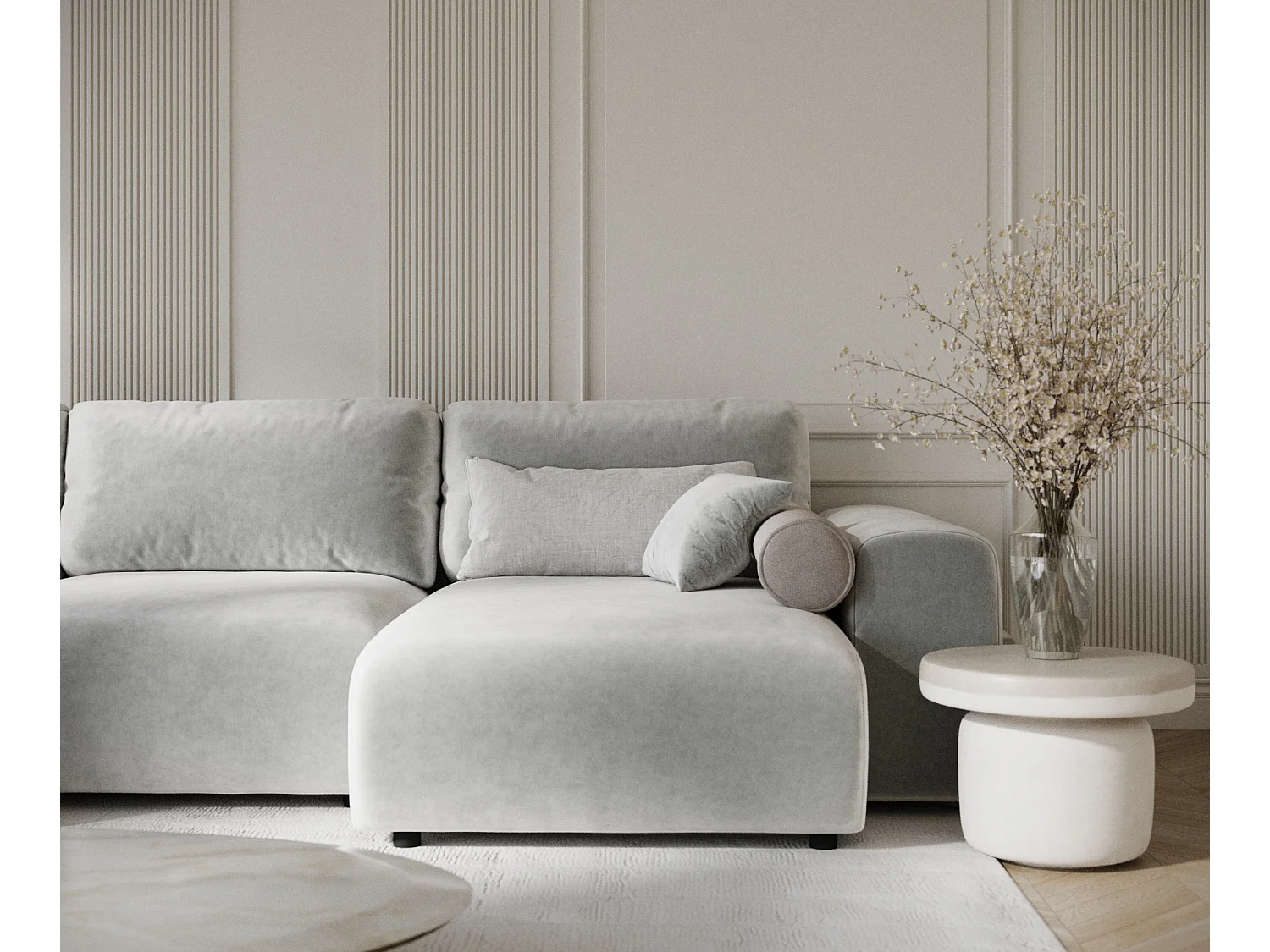Canapé d'angle panoramique en tissu velours Zanzibar - 6 places - gris clair