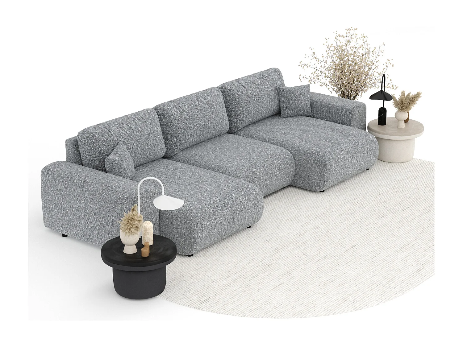 Canapé d'angle panoramique en tissu bouclette Zanzibar - 6 places - gris