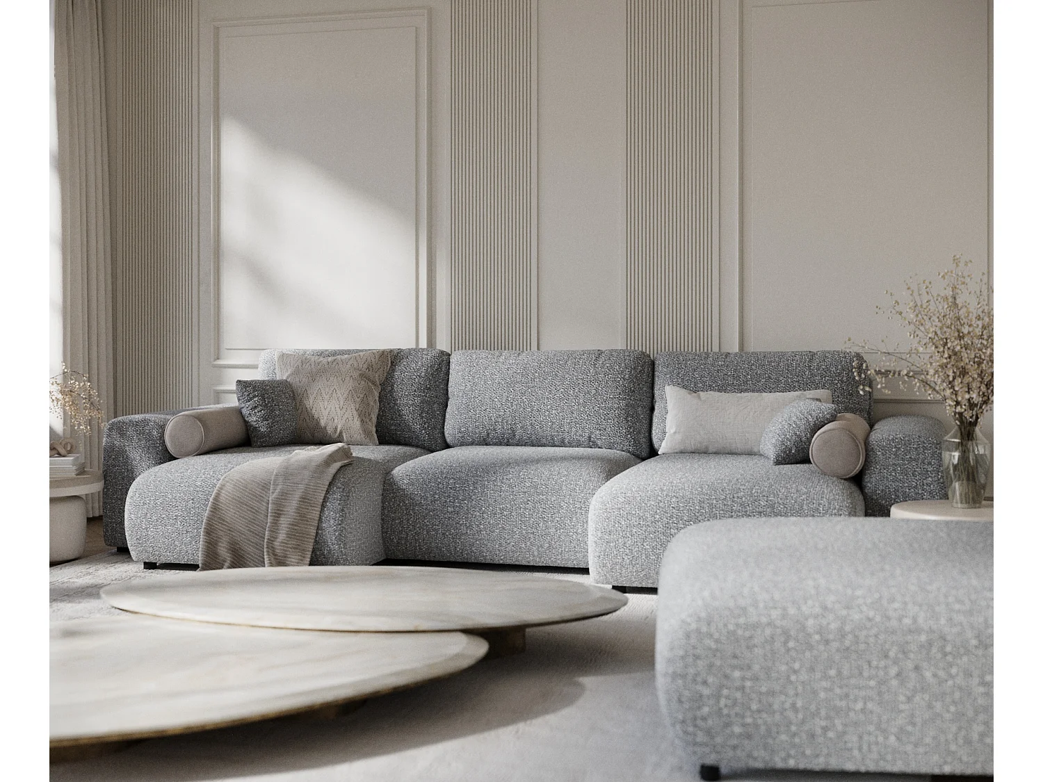 Canapé d'angle panoramique en tissu bouclette Zanzibar - 6 places - gris