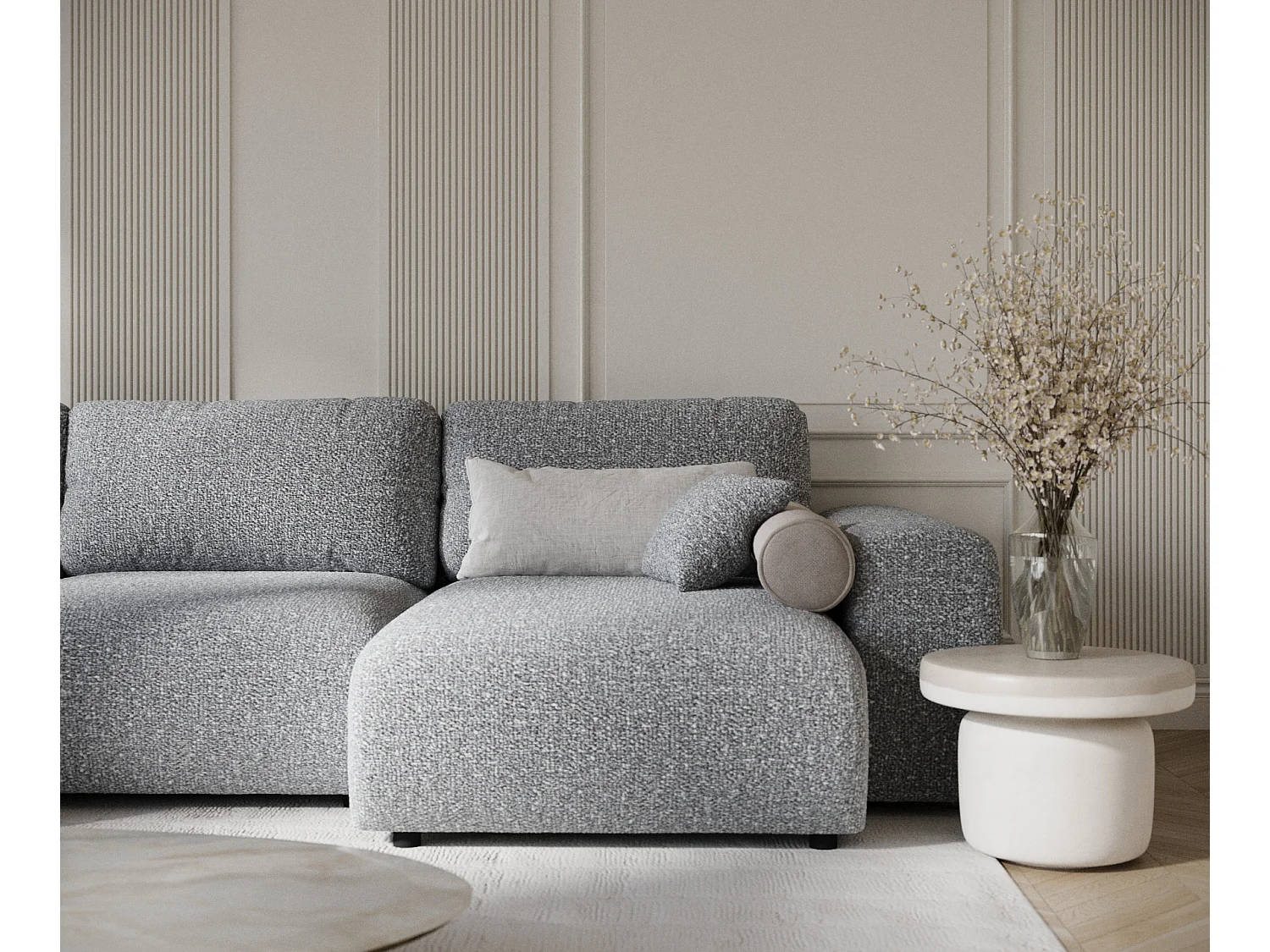 Canapé d'angle panoramique en tissu bouclette Zanzibar - 6 places - gris