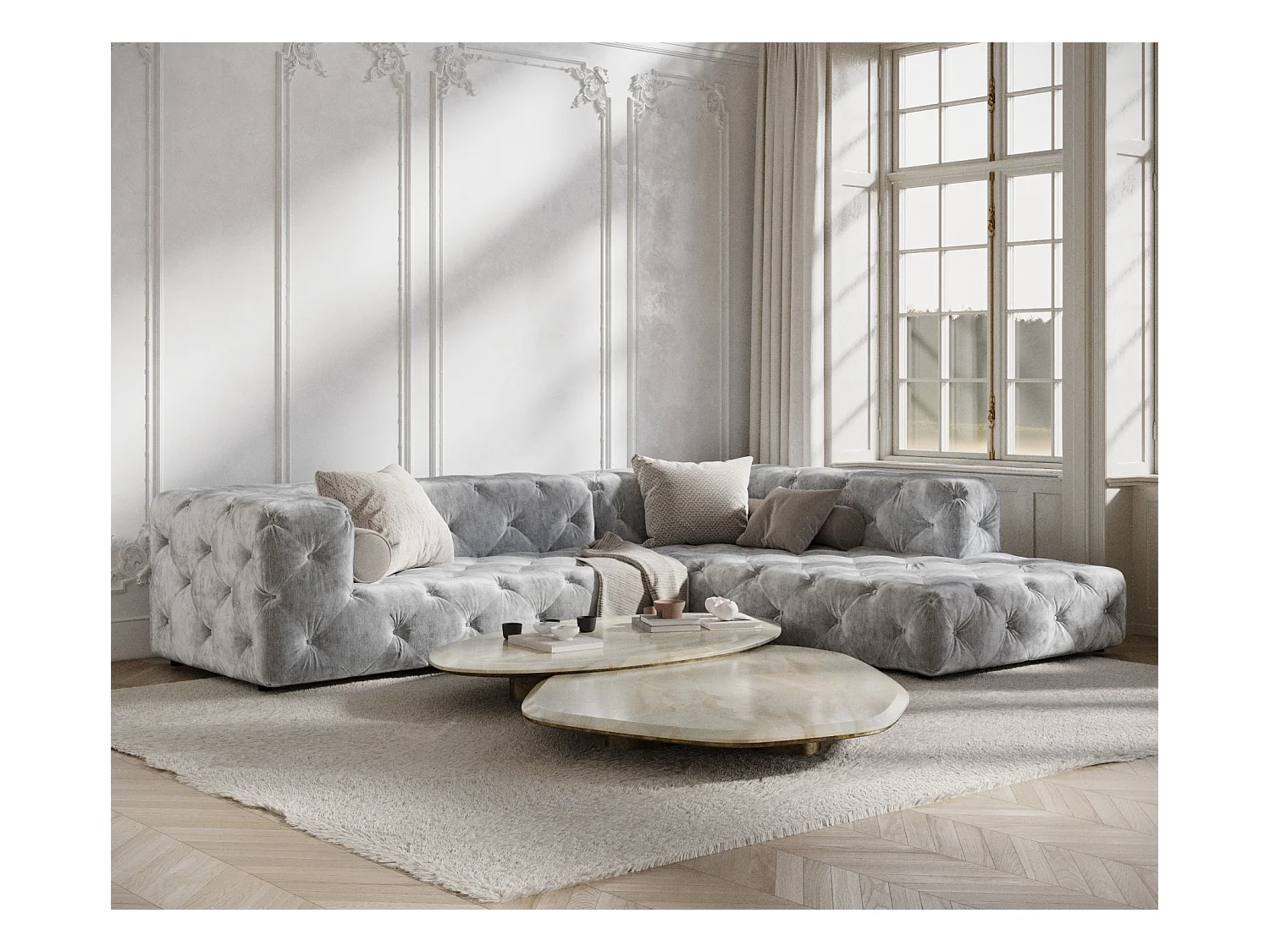 Ecksofa Cosimo - Chenille-Stoff - Fünf-Personen - hellgrau