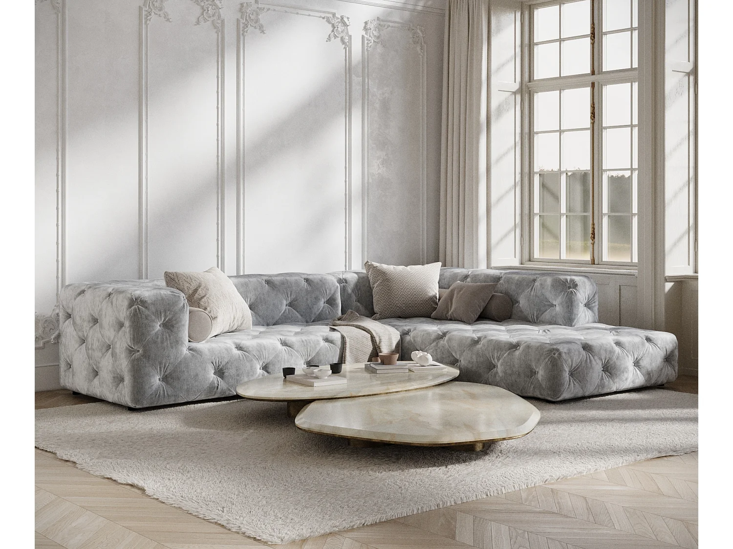 Canapé d'angle Cosimo - chenille - 5 places - gris clair