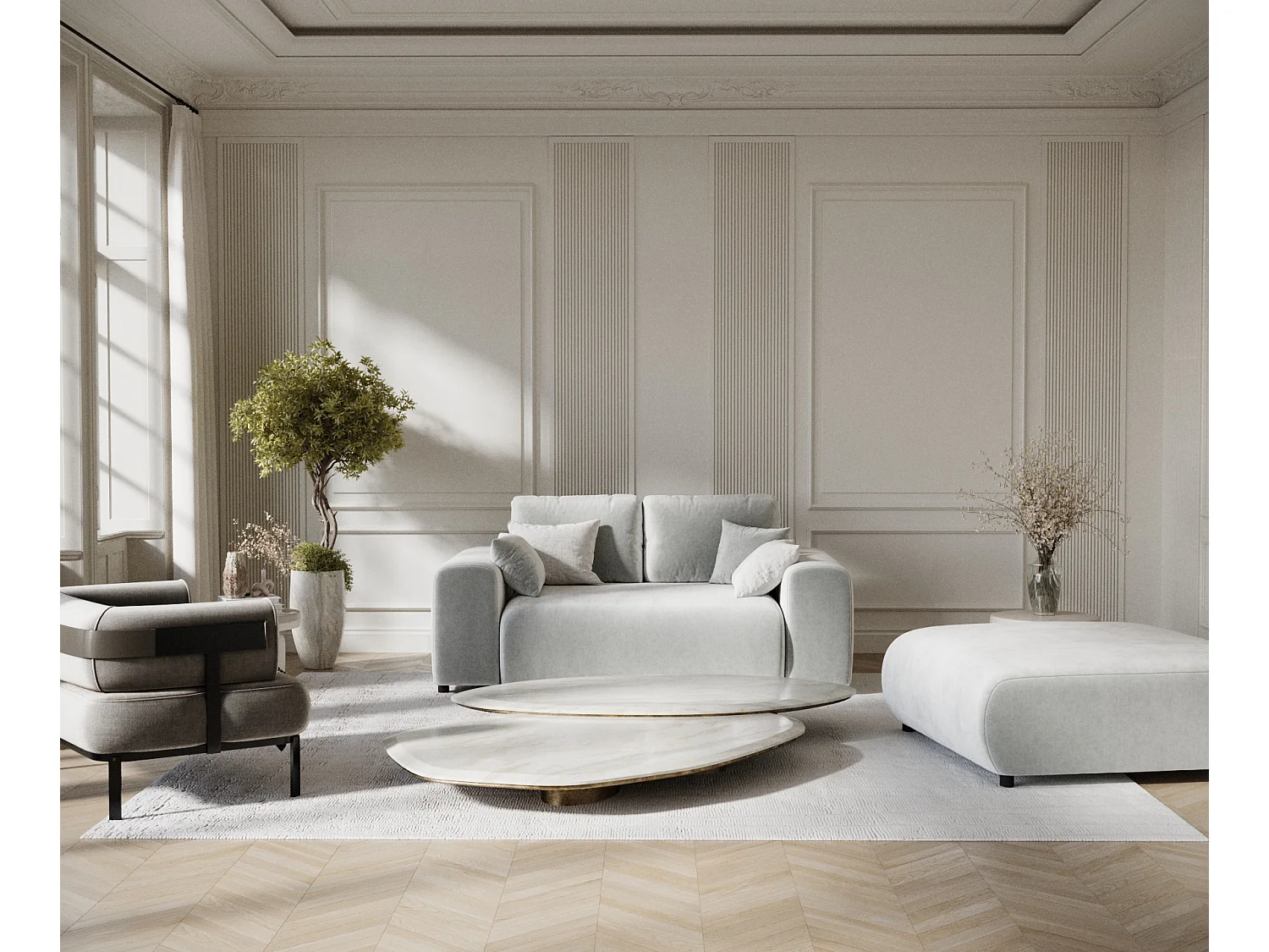 Canapé en tissu velours Zanzibar - 2 places - gris clair