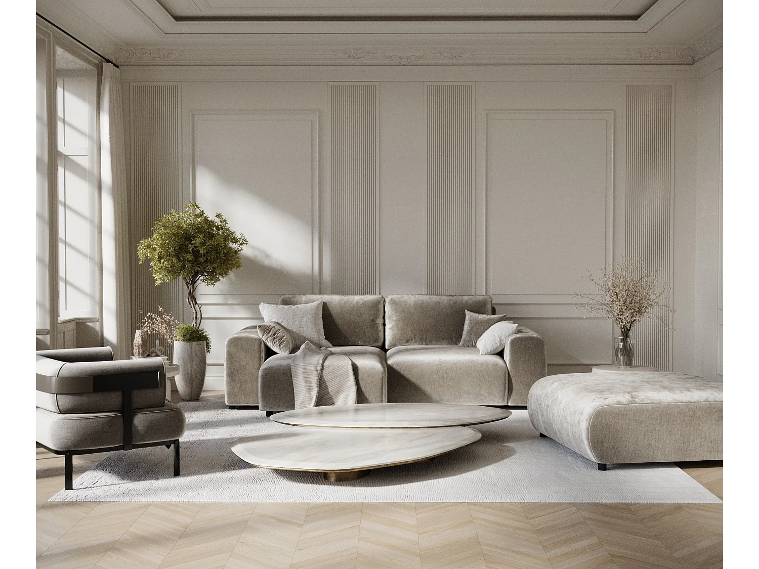 Canapé d'angle en tissu chenille Zanzibar - 4 places - beige