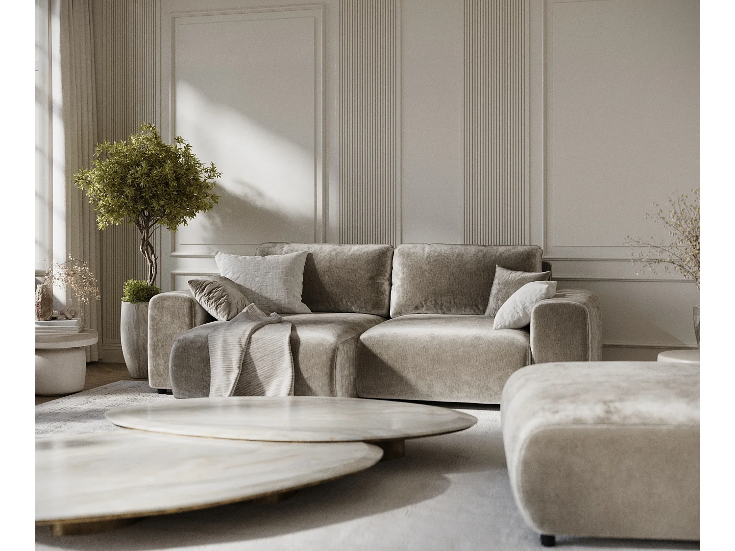 Canapé d'angle en tissu chenille Zanzibar - 4 places - beige