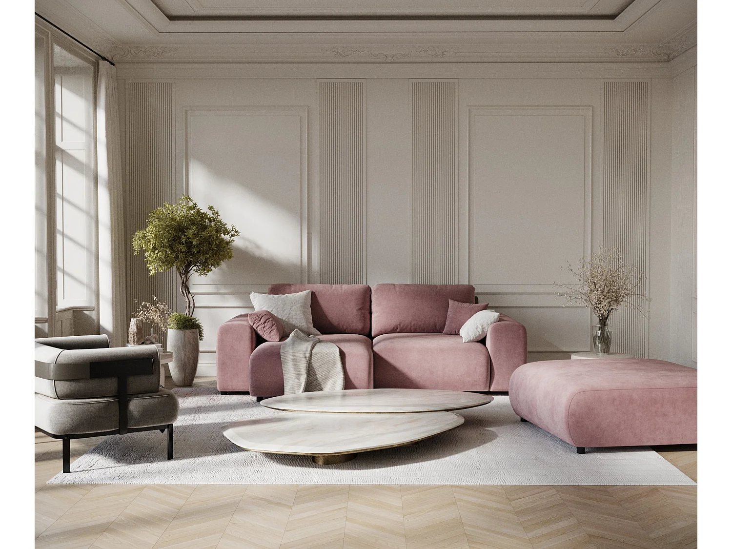 Canapé d'angle en tissu velours Zanzibar - 4 places - rose