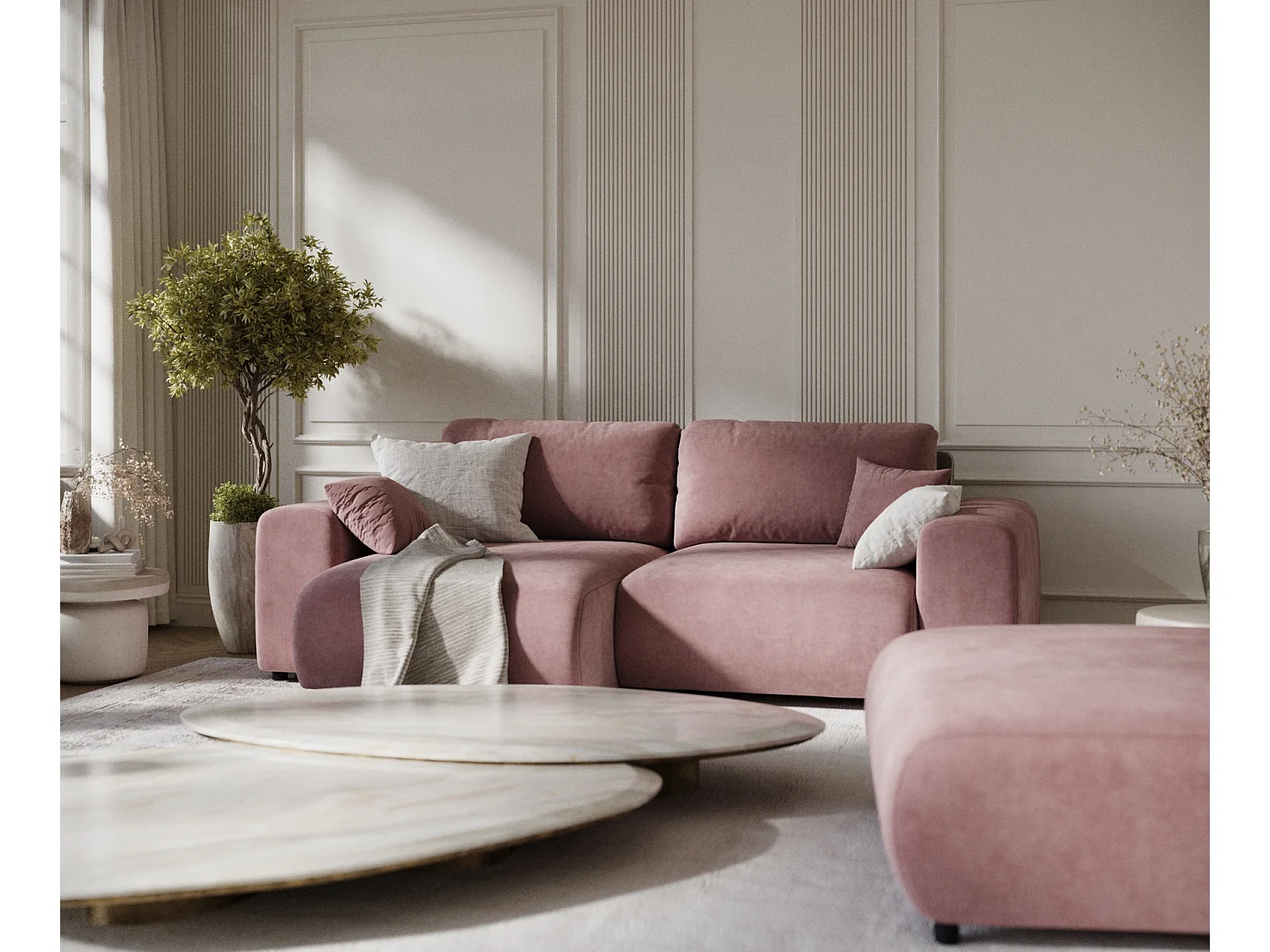 Canapé d'angle en tissu velours Zanzibar - 4 places - rose