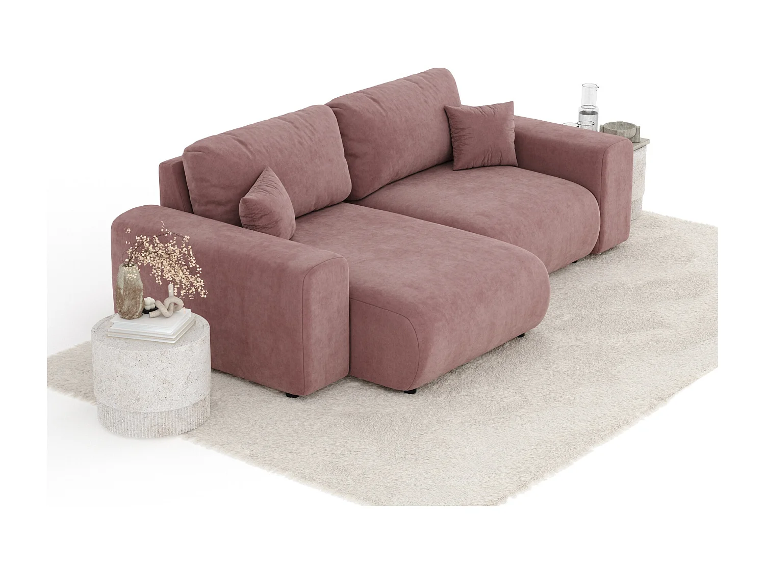 Canapé d'angle en tissu velours Zanzibar - 4 places - rose