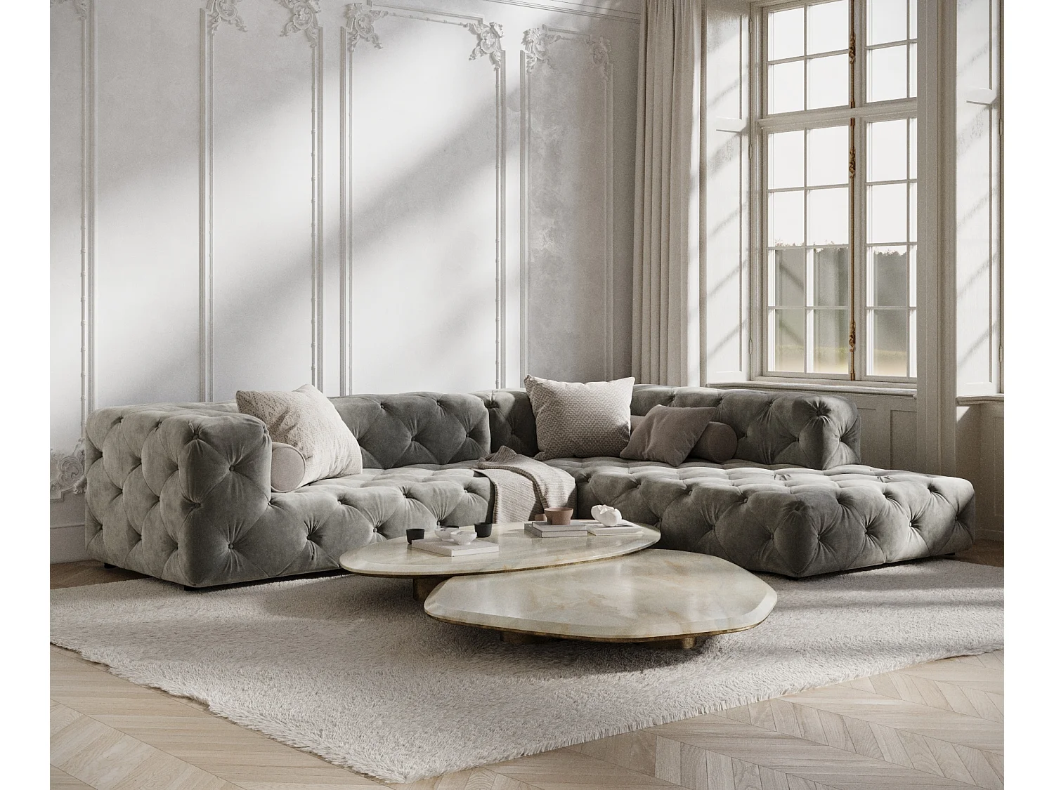 Canapé d'angle Cosimo - velours - 5 places - gris