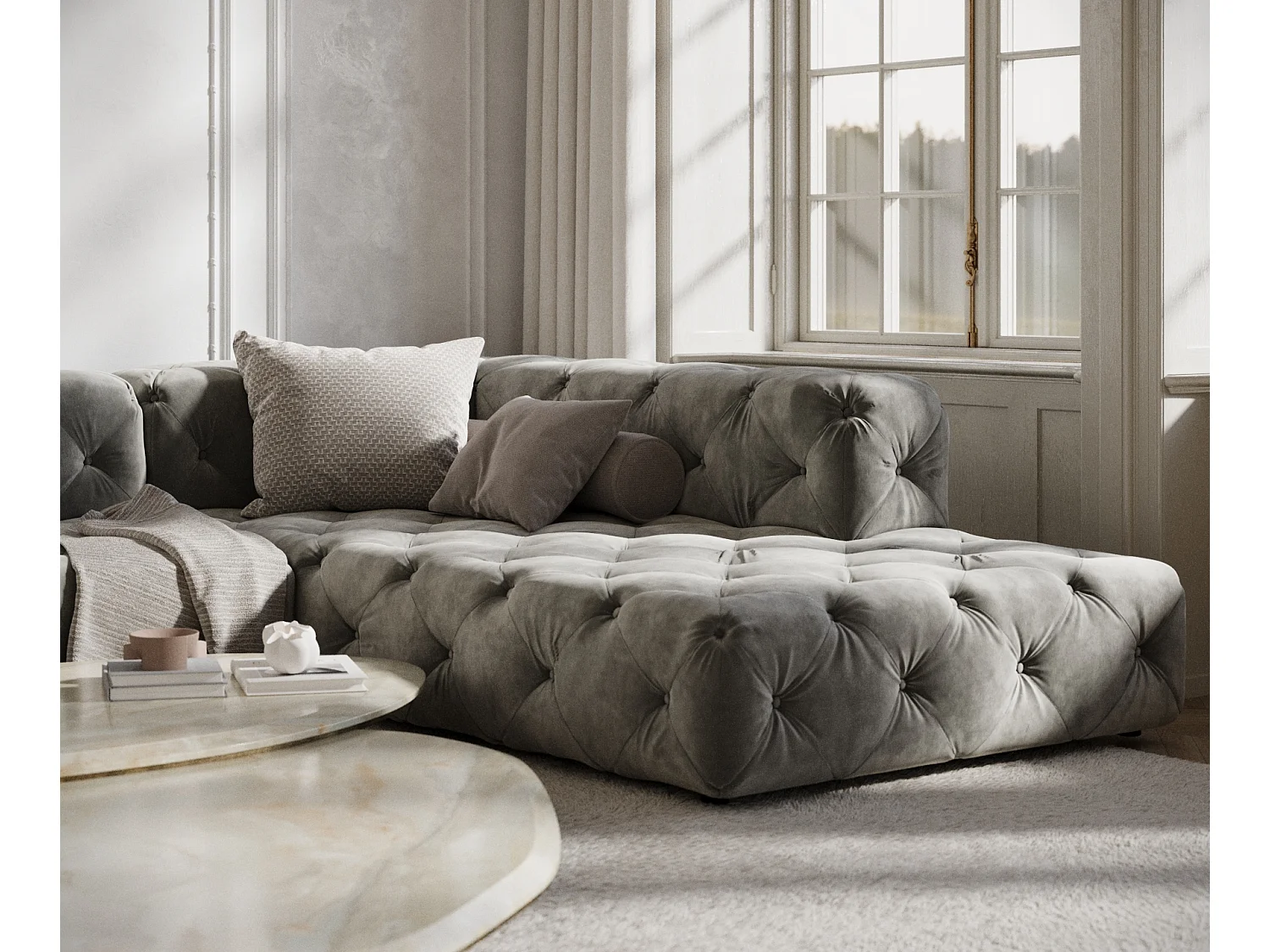 Canapé d'angle Cosimo - velours - 5 places - gris