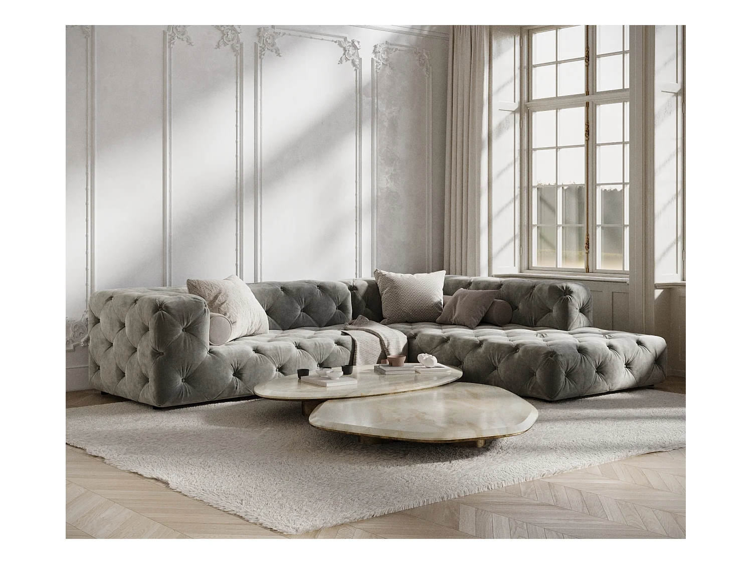 Ecksofa Cosimo - Samtstoff - Fünf-Personen - grau