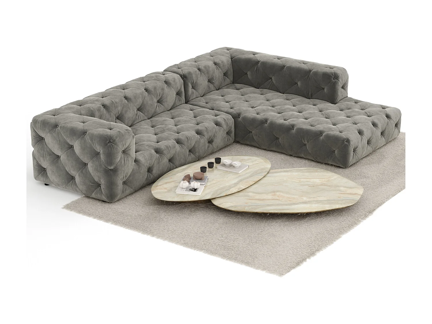 Canapé d'angle Cosimo - velours - 5 places - gris