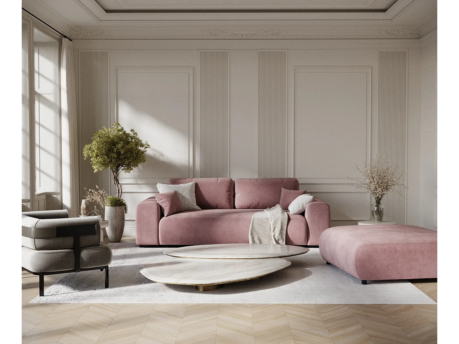 Canapé en tissu velours Zanzibar - 3 places - rose