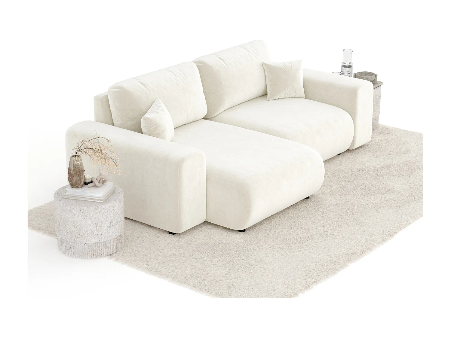 Canapé d'angle en tissu velours Zanzibar - 4 places - creme