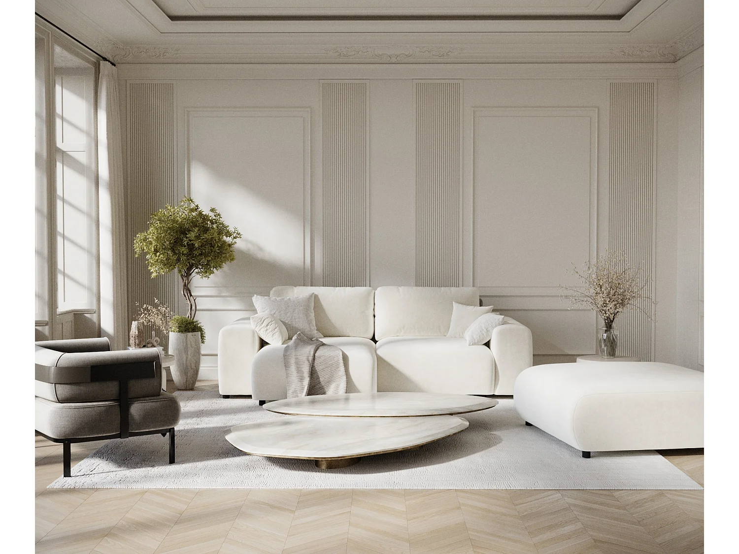 Canapé d'angle en tissu velours Zanzibar - 4 places - creme