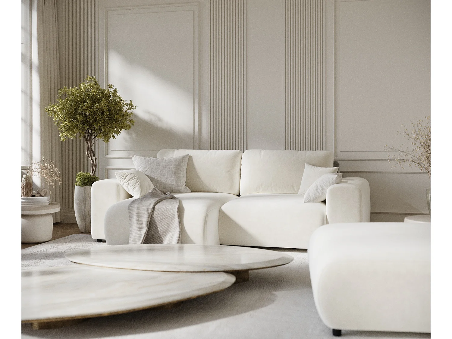 Canapé d'angle en tissu velours Zanzibar - 4 places - creme