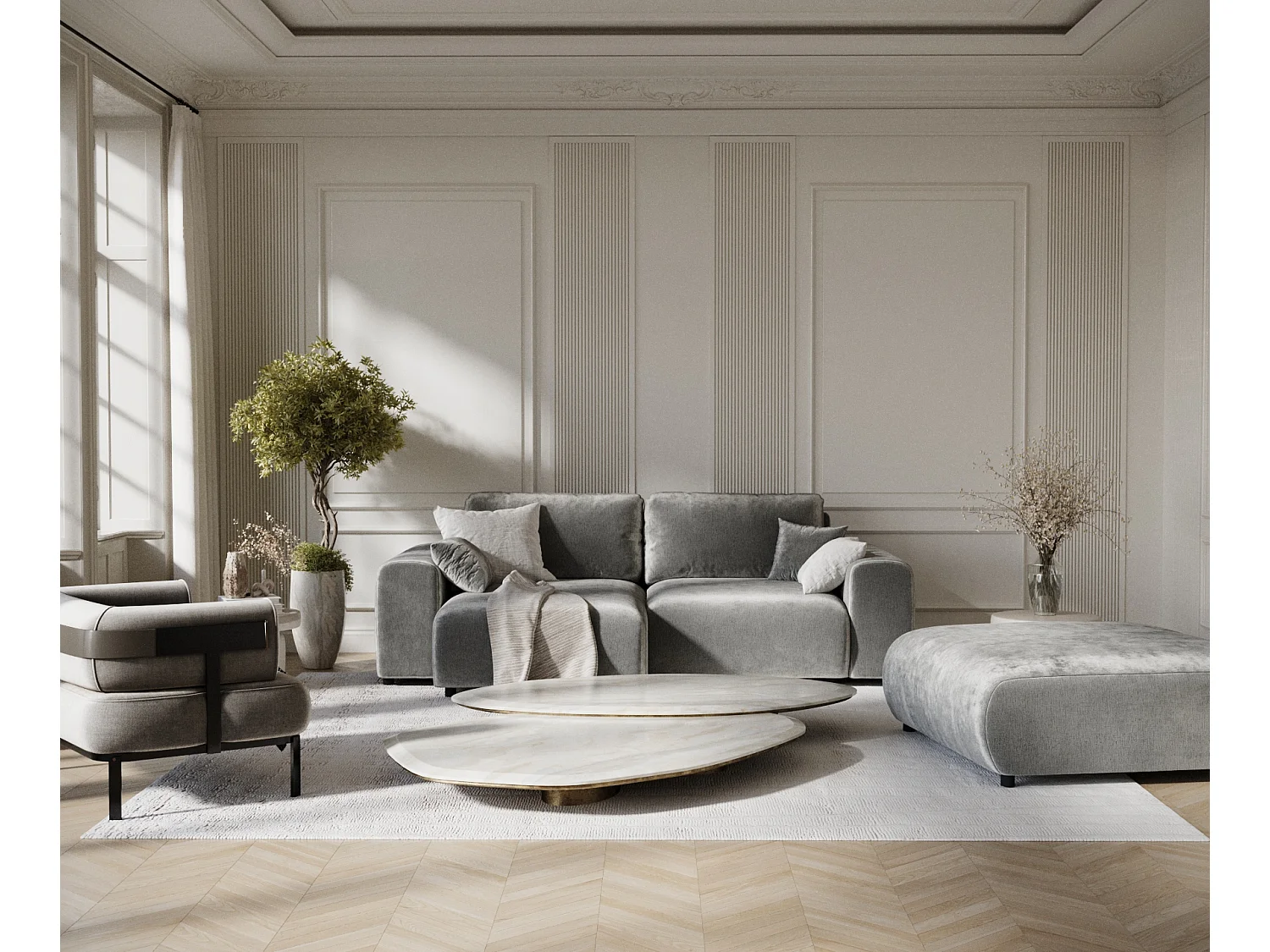 Canapé d'angle en tissu chenille Zanzibar - 4 places - gris