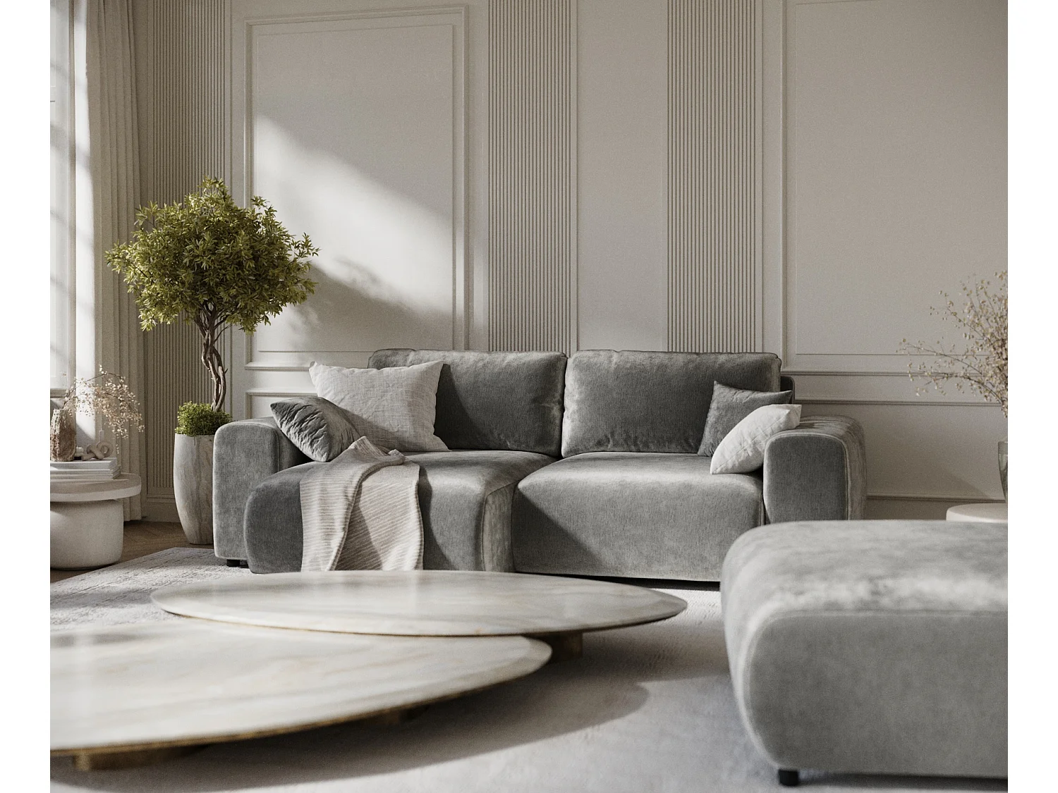 Canapé d'angle en tissu chenille Zanzibar - 4 places - gris