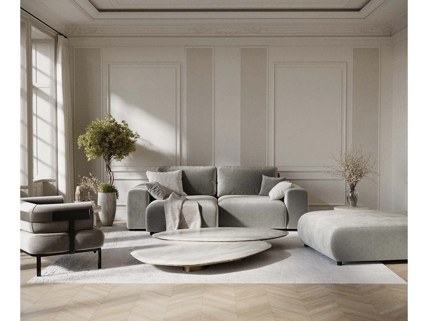 Canapé d'angle en tissu velours Zanzibar - 4 places - gris