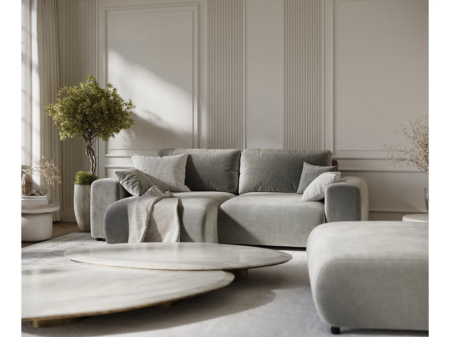 Canapé d'angle en tissu velours Zanzibar - 4 places - gris