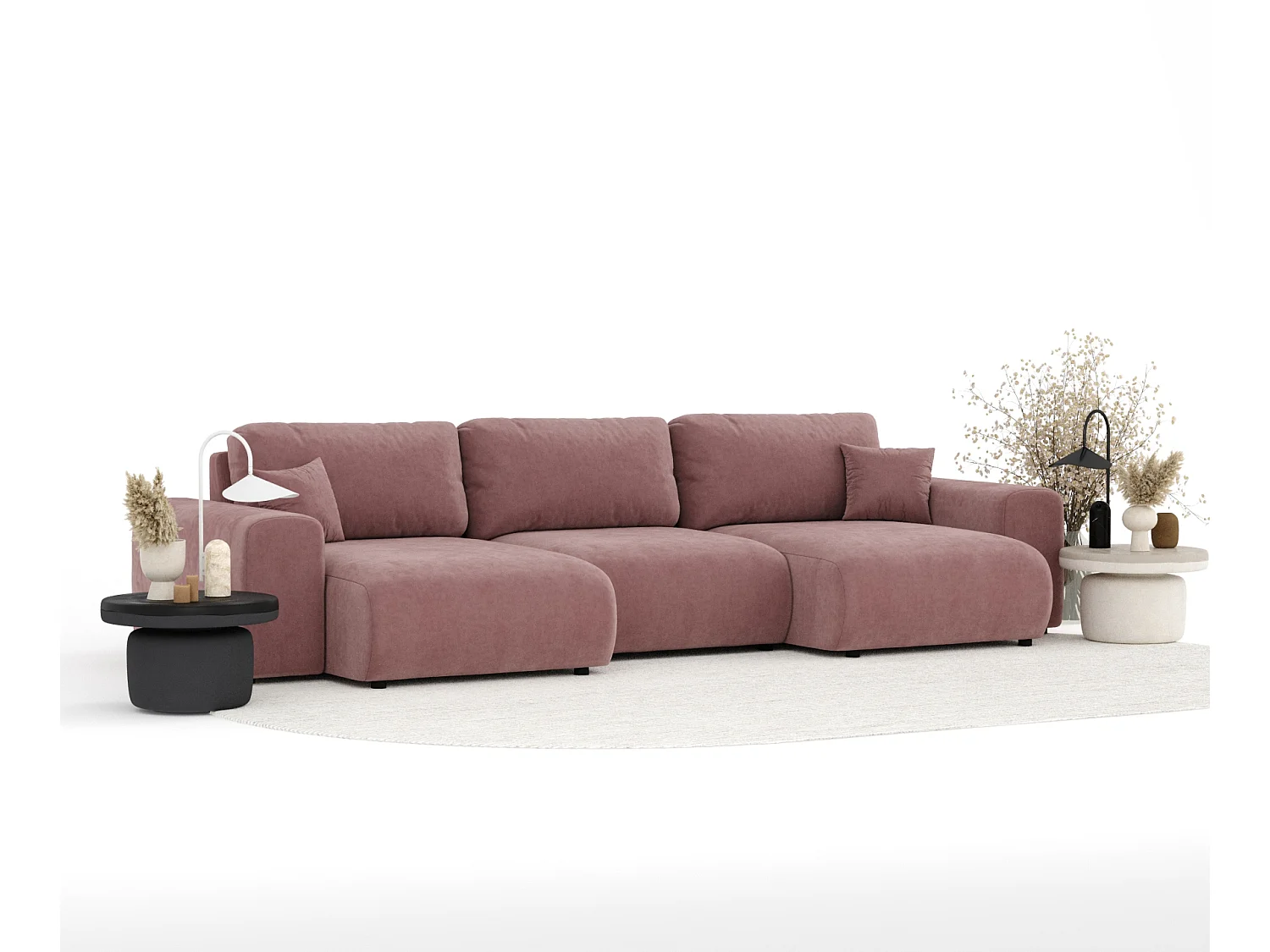 Canapé d'angle panoramique en tissu velours Zanzibar - 6 places - rose