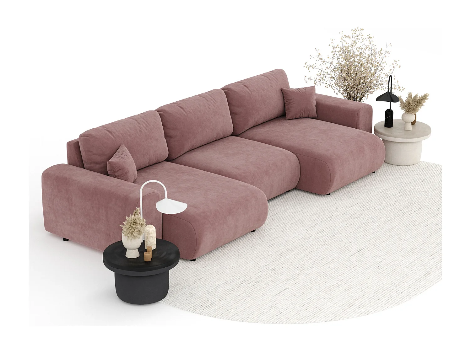 Canapé d'angle panoramique en tissu velours Zanzibar - 6 places - rose