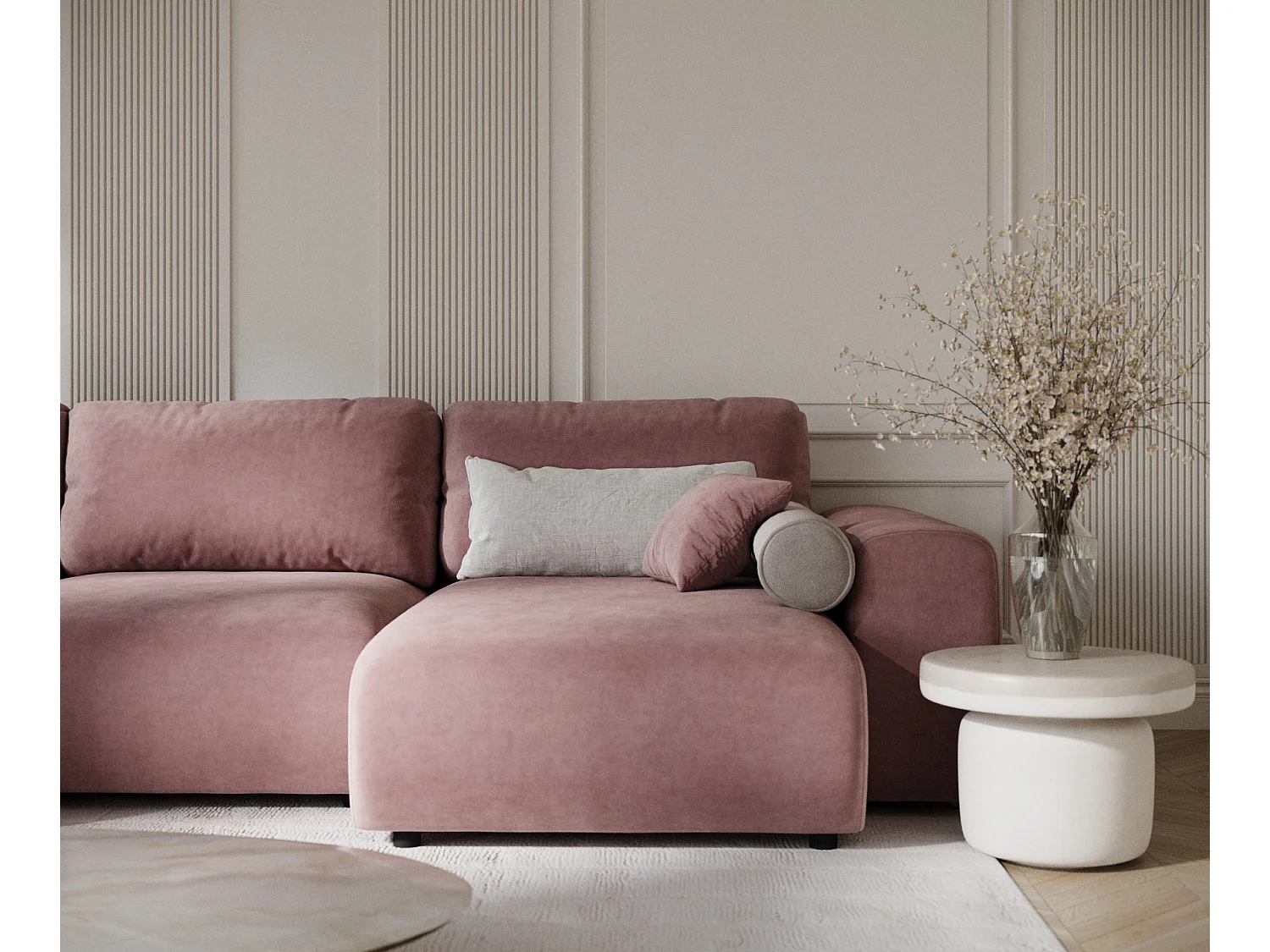 Canapé d'angle panoramique en tissu velours Zanzibar - 6 places - rose