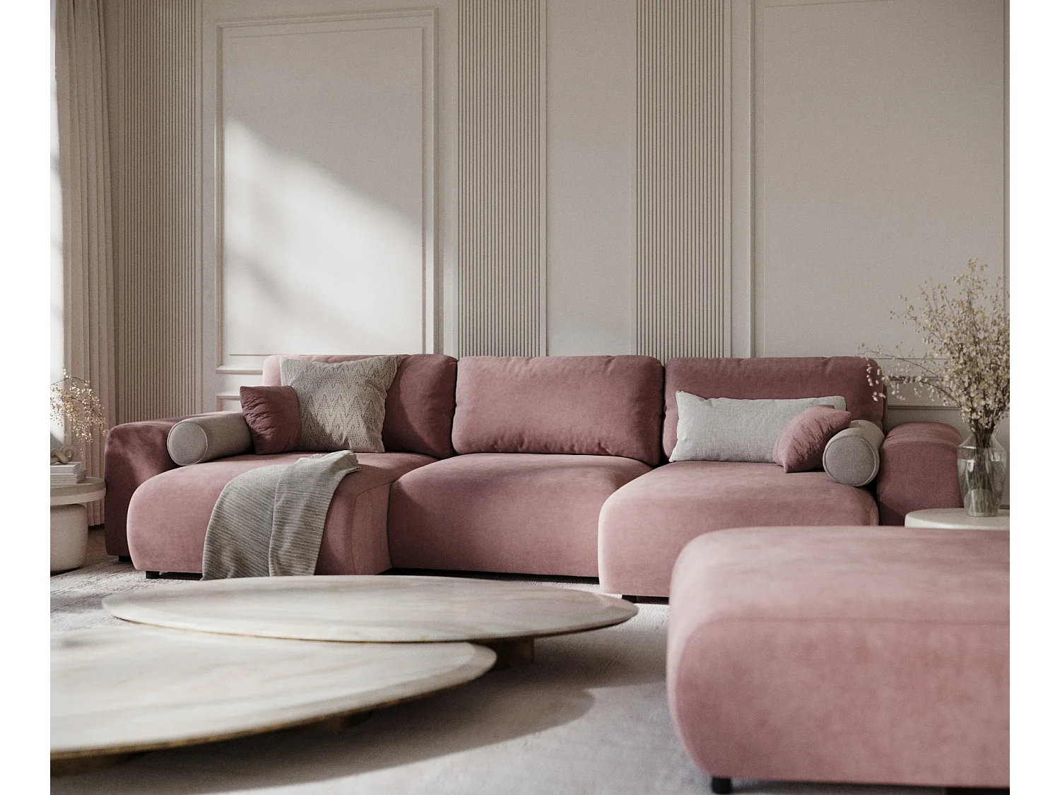 Canapé d'angle panoramique en tissu velours Zanzibar - 6 places - rose