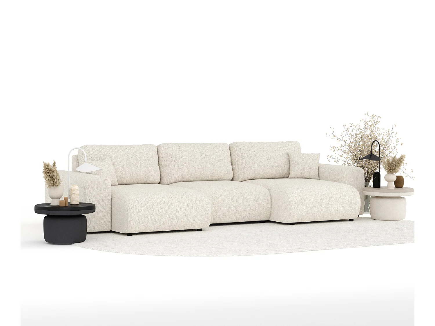 Canapé d'angle panoramique en tissu bouclette Zanzibar - 6 places - beige clair