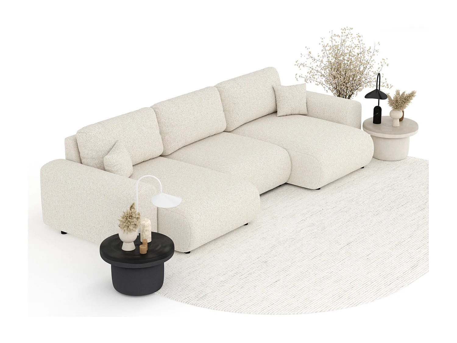 Canapé d'angle panoramique en tissu bouclette Zanzibar - 6 places - beige clair