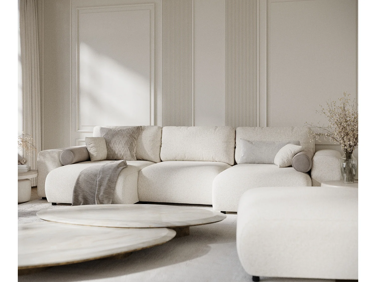 Canapé d'angle panoramique en tissu bouclette Zanzibar - 6 places - beige clair