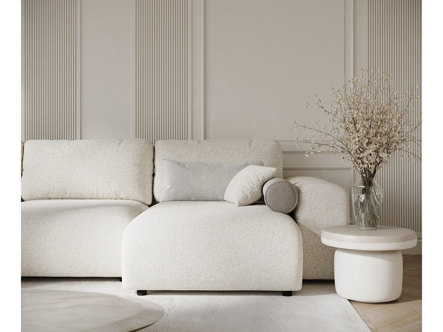 Canapé d'angle panoramique en tissu bouclette Zanzibar - 6 places - beige clair