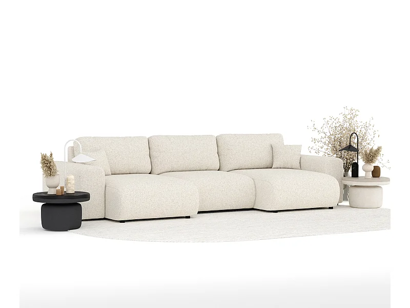 Canapé d'angle panoramique en tissu bouclette Zanzibar - 6 places - beige clair