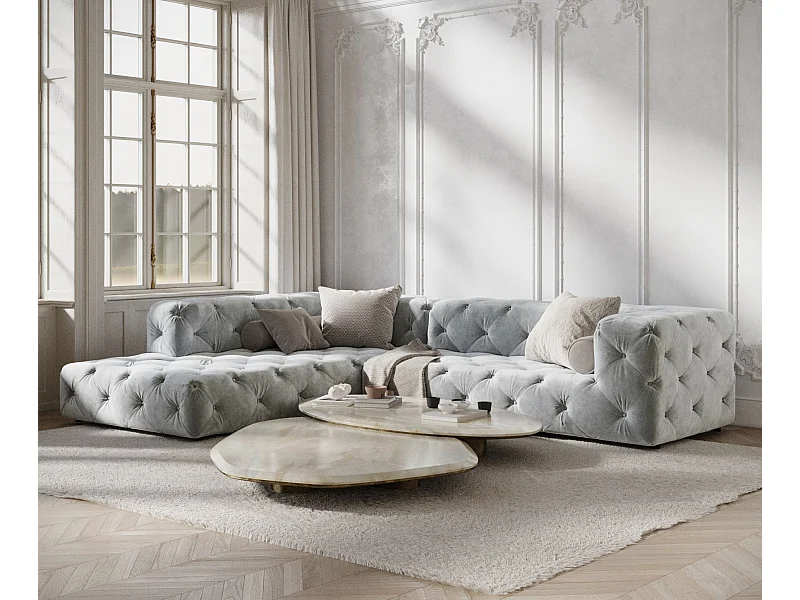 Hoekbank van fluwelen stof Cosimo - 5 plaatsen - lichtrgrijs