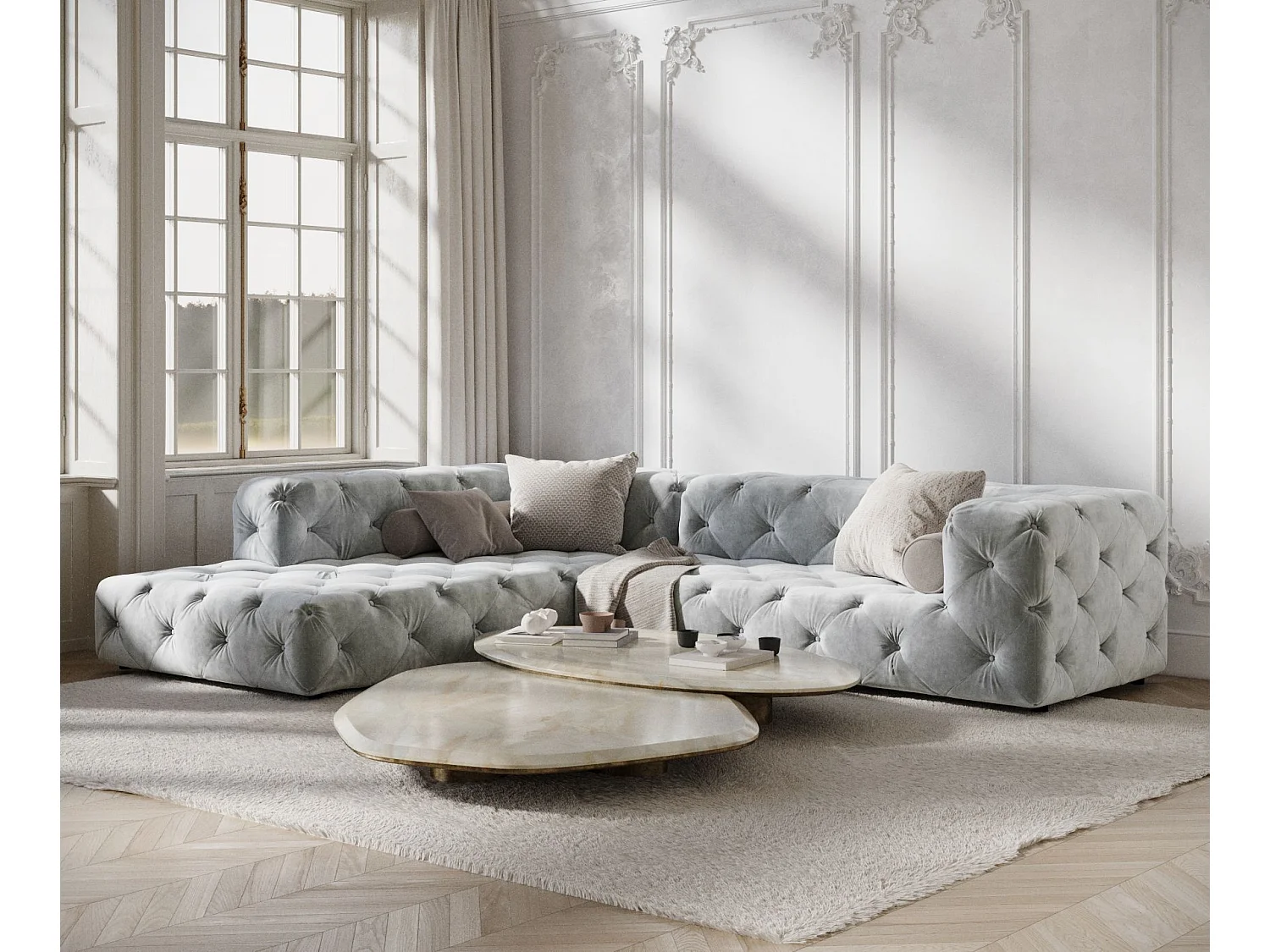 Canapé d'angle Cosimo - velours - 5 places - gris clair