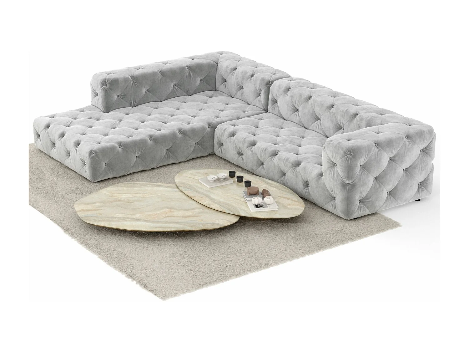 Canapé d'angle Cosimo - velours - 5 places - gris clair