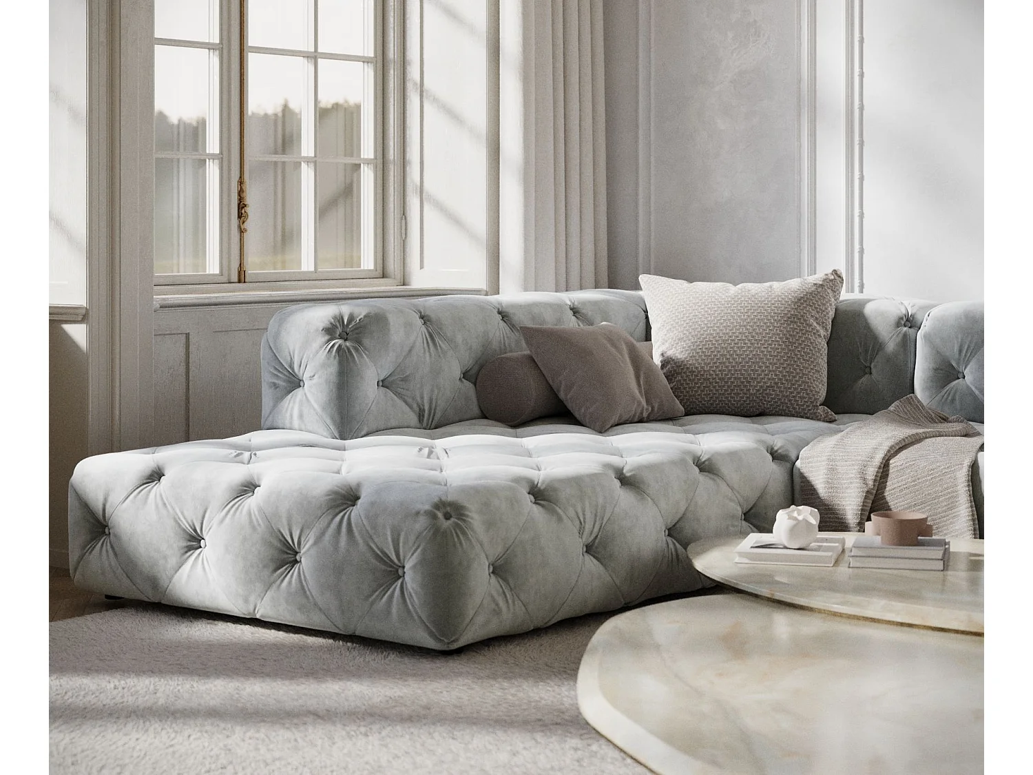 Canapé d'angle Cosimo - velours - 5 places - gris clair