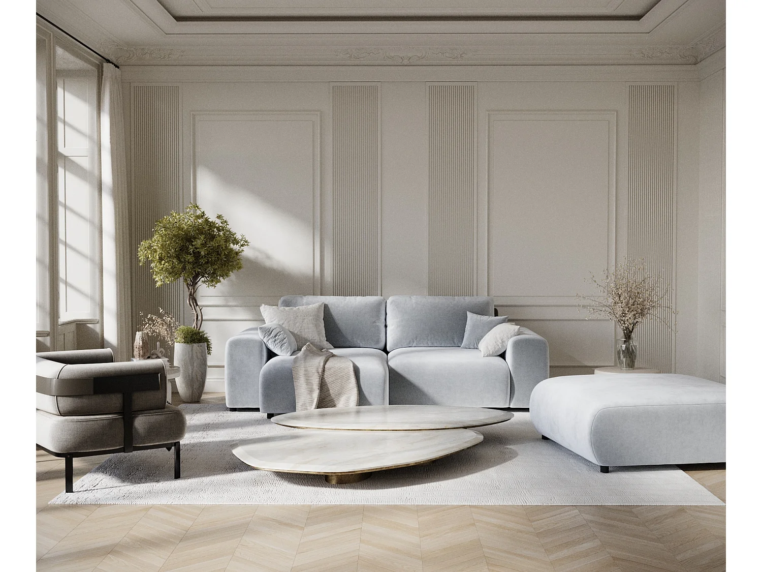 Canapé d'angle en tissu velours Zanzibar - 4 places - gris clair