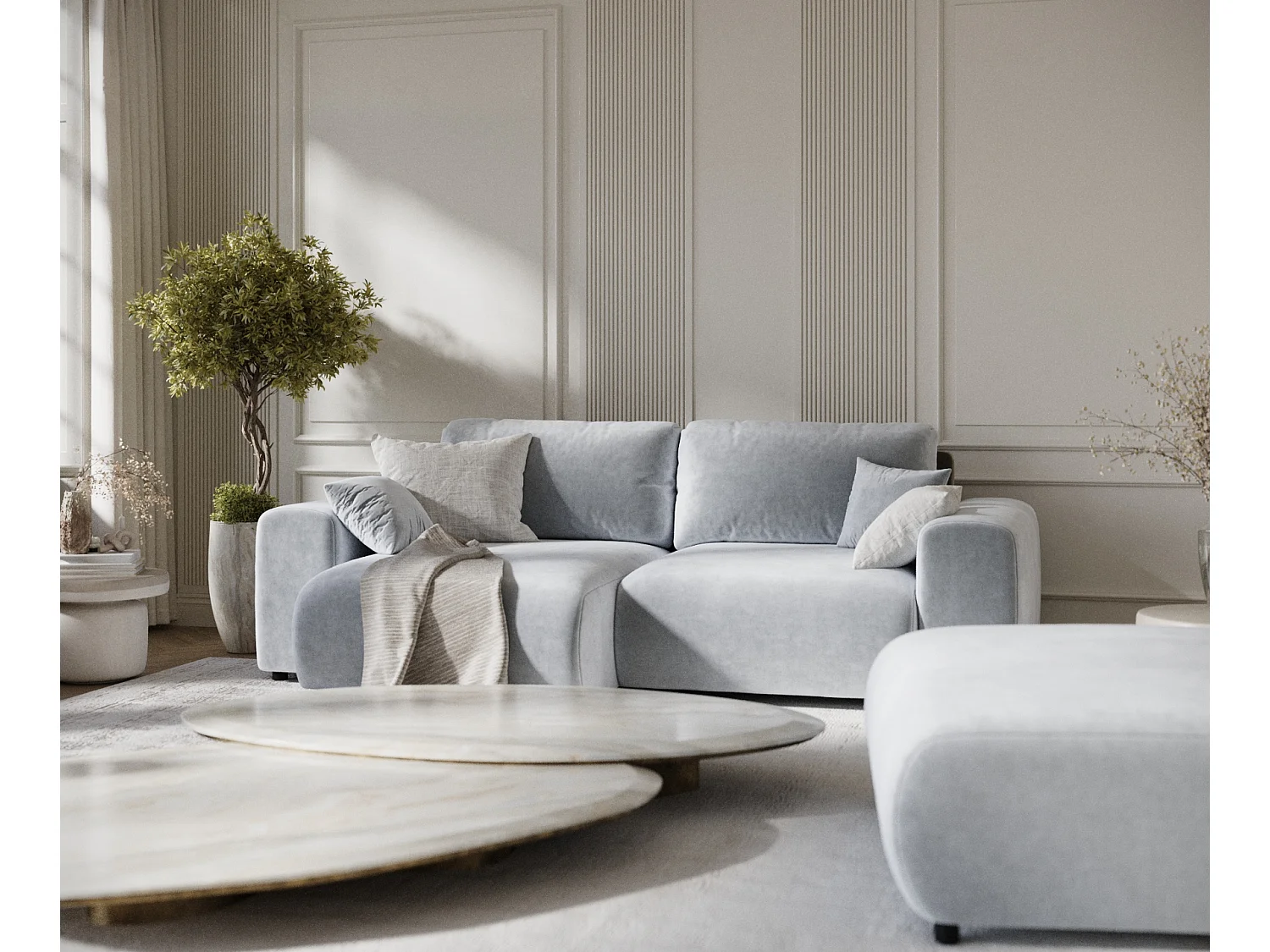 Canapé d'angle en tissu velours Zanzibar - 4 places - gris clair