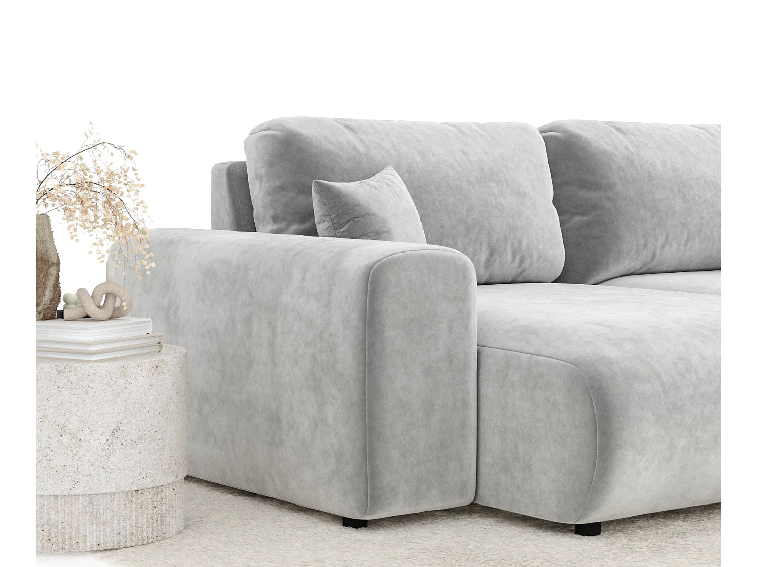 Canapé d'angle en tissu velours Zanzibar - 4 places - gris clair