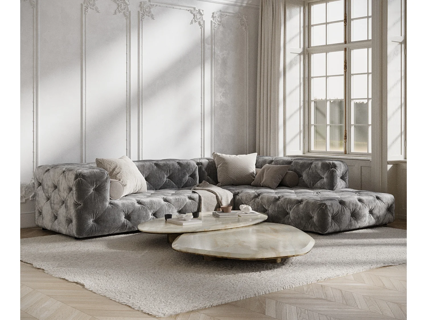 Canapé d'angle Cosimo - chenille - 5 places - gris