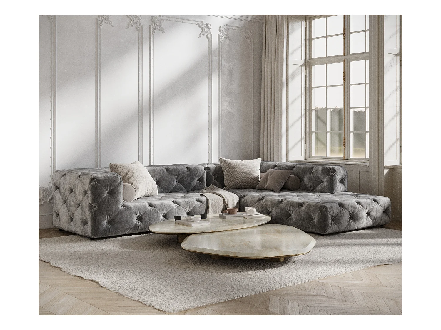 Ecksofa Cosimo - Chenille-Stoff - Fünf-Personen - grau