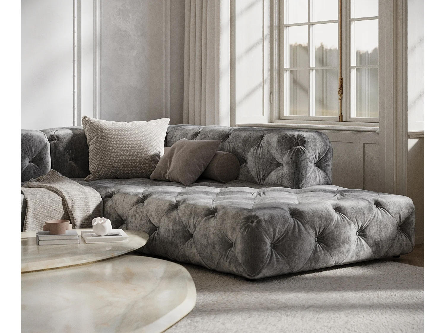 Canapé d'angle Cosimo - chenille - 5 places - gris