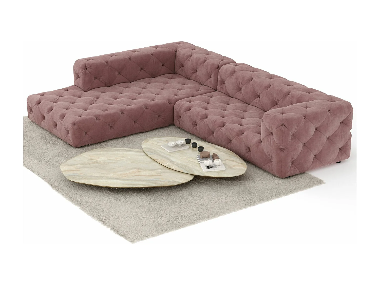 Canapé d'angle Cosimo - velours - 5 places - rose