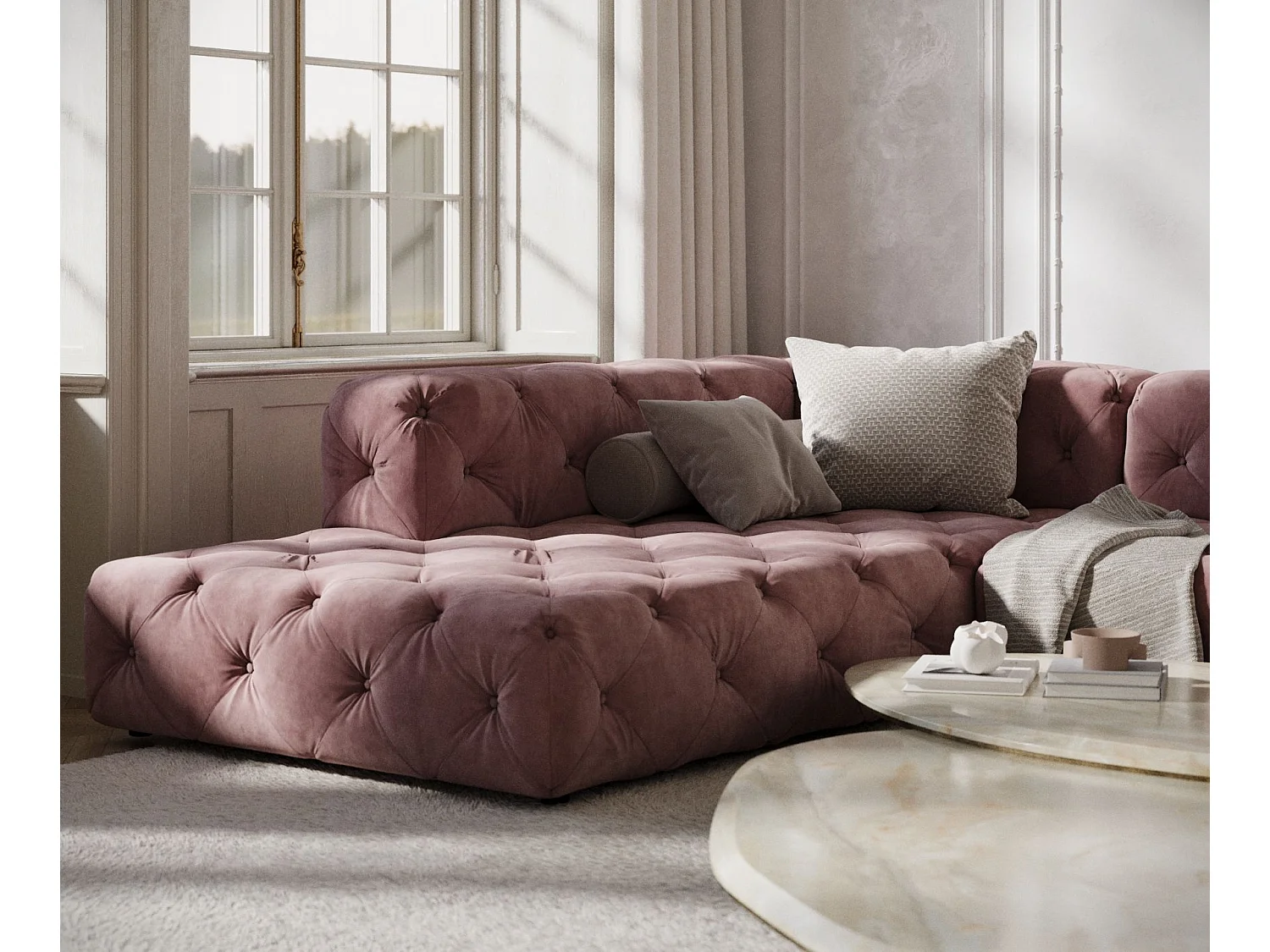 Canapé d'angle Cosimo - velours - 5 places - rose