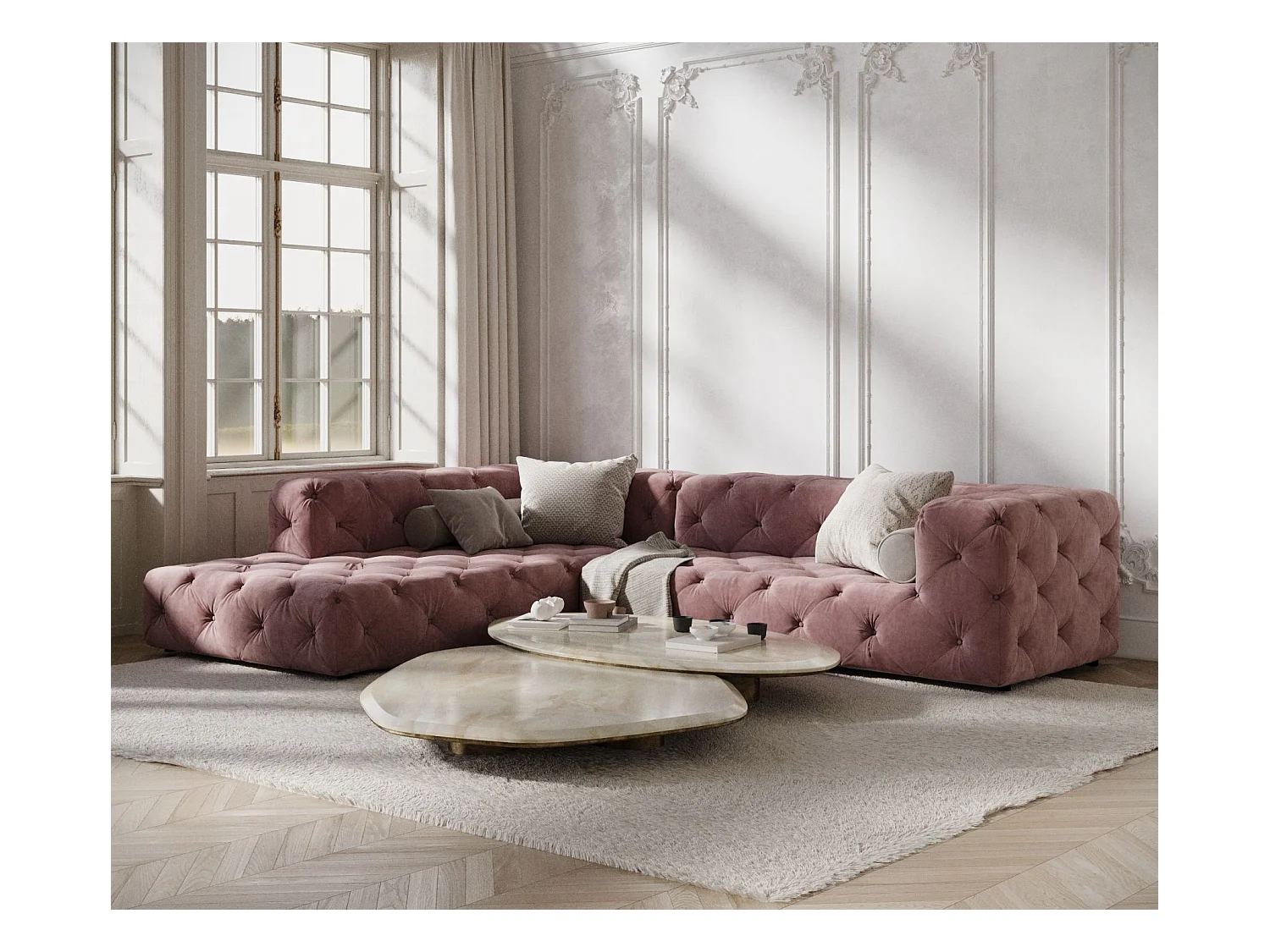 Ecksofa Cosimo - Samtstoff - Fünf-Personen - rosa