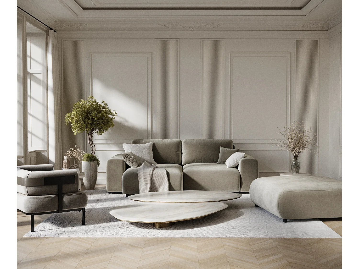 Canapé d'angle en tissu velours Zanzibar - 4 places - taupe