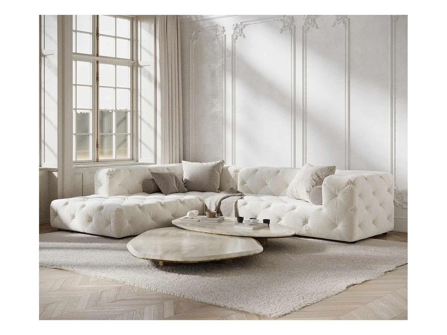 Ecksofa Cosimo - Samtstoff - Fünf-Personen - creme
